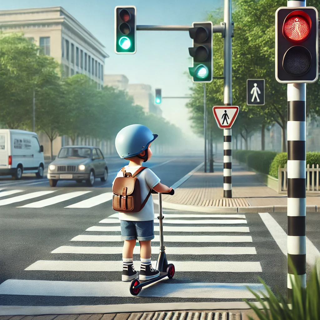 DALL·E 2025 02 02 19.51.48 A young child riding a scooter stops at a pedestrian crossing. The child wears a helmet and a backpack, looking both ways before crossing. The scene t